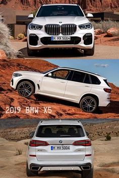 the new bmw x5 suv is shown in three different pictures, and it's white