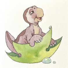 a drawing of a small animal sitting on top of a green leaf with bubbles in it's mouth