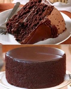 two different pictures of a chocolate cake on a plate with one slice cut out and the other half eaten