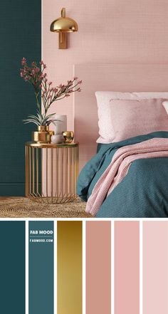 a bedroom with pink and blue walls, gold accents and bedding in the foreground