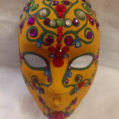 Venetian Style Paper Mache Masks (Bought Plain White) Then Painted & Decorated By Seller. Masks Were Made Then Stored, Never Used. The Masks Can Be Worn Or Displayed. Elastic Band Attached. Only 1 Of Each Kind Available. Size: 7" L X 9" H Paper Mache Mask, Jewel Colors, Elastic Band, Paper Mache, Home Art, Mask, Art Painting, Yellow, Color