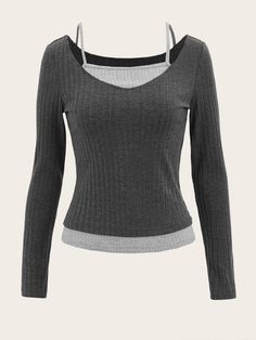 Chumbo Casual Collar Manga Comprida Tecido Bloco de cores  Embellished Elasticidade alta  Roupas Femininas Y2k Shirts, Ribbed Tee, Baggy Pants, 가을 패션, Inspiration Mode, Fashion Online Shop, Pretty Outfits, Fashion Inspo Outfits