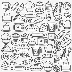 a black and white drawing of different types of breads, pastries and other food items