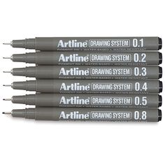 four artline drawing system pens in black and white ink, with the words'drawings system