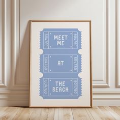 a blue and white movie poster with the words meet me at the beach on it