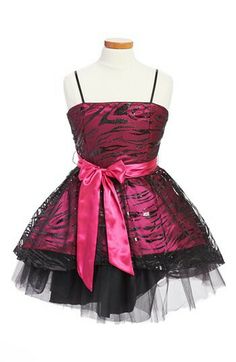 Pink zebra Scene Dress, Mcbling Fashion, Scene Outfits, Satin Sash, Scene Fashion, High Low Skirt, 2000s Fashion Outfits, Hoco Dresses