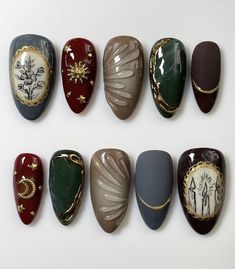 Marauders Nail Art, Harry Potter Aesthetic Nails, Dark Academia Nails Ideas, Hogwarts Nails, Harry Potter Nail Ideas, Harry Potter Inspired Nails, Hp Nails, Sagittarius Nails, Dark Academia Nails