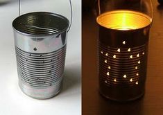 two tin cans with lights in them sitting next to each other