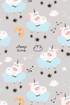 a pattern with unicorns sleeping on clouds and stars in the sky, which says sleep time