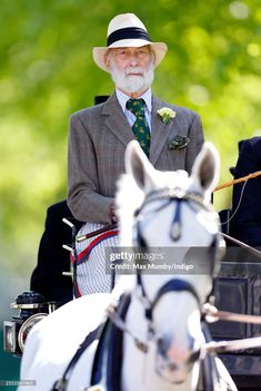 an old man in a suit and hat riding on a horse drawn carriage stock photo