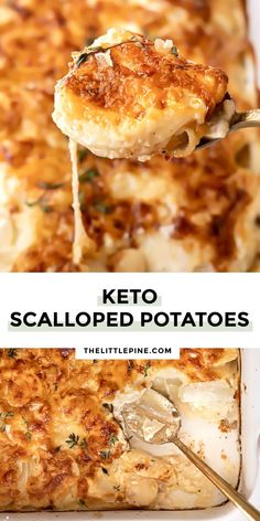 keto scalloped potatoes in a casserole dish with a serving spoon