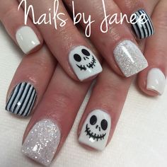 Jack Nightmare Before Christmas Nails, Jack Skellington Nail Art, Halloween Nails For Kids Easy, Jack Skellington Nail Ideas, Jack Skelton Nails, Sally Nail Art, Jake Skellington Nails, Nightmare Before Christmas Nails Short, Jack Skeleton Nails