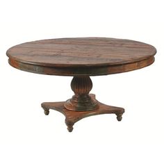 an old fashioned wooden table with wheels on the legs and a round wood table top