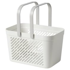 a white plastic basket with two handles on the front and side, sitting against a white background