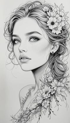 a drawing of a woman with flowers in her hair