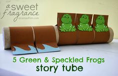 four green and speckled frogs are on top of a roll of toilet paper with the words, 5 green & speckled frogs story tube