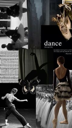 black and white collage with dance images, ballet shoes, dancer in tutu skirt