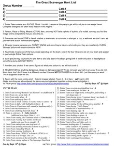 the great scaver hunt list is shown in this document, which contains information for each