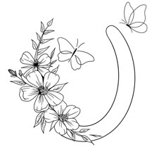 the letter c with flowers and butterflies on it is outlined in black and white ink