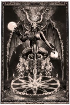 a black and white drawing of a demon sitting on top of a wheel