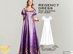 a woman in a long purple dress is standing next to the sewing pattern for this gown