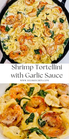 shrimp tortelli with garlic sauce and spinach in a cast iron skillet