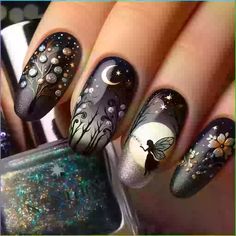 Looking for some pretty forest green nails ideas? We have collected over 30 of the best nail ideas to help you choose your new design. Fairy Garden Nails Design, Feyre Nails, Fantasy Nail Art Designs, Mystic Nail Art, Dark Fairy Nails, Fairy Nails Designs, Enchanted Forest Nails, Enchanted Nails, Mystical Nails