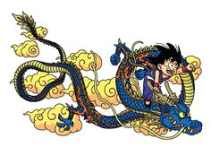 a boy riding on the back of a dragon with clouds in the sky behind him