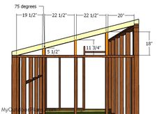 the side view of a shed with measurements for the roof and wall framing on it