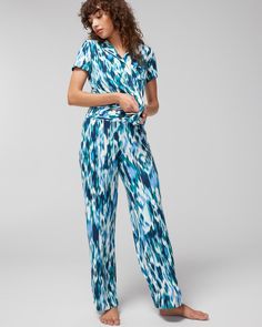 Our favorite Cool Nights material stretches softly and keeps you cool for an easy night of sleep, and these pants don't squeeze or squish, letting your body breathe with their relaxed fit. Details Wide leg 30" inseam Front pockets Wide, paperbag waistband 93% rayon, 7% spandex. | Women's Cool Nights Wide Leg Pajama Pants in Dream Ikat G Green size Medium | Soma, Pajama Sets Wide Leg Pajama Pants, Sleep Clothes, Soma Intimates, Bra Dress, Mark Price, The Vanishing, Sleepwear Pajamas, Keep Your Cool, Shapewear