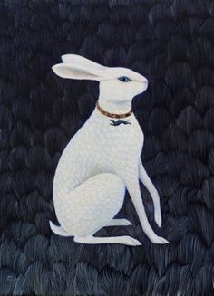 a painting of a white rabbit sitting down