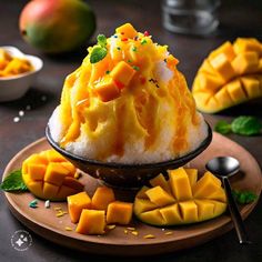 mango souffle in a bowl on a wooden plate