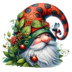 a painting of a gnome with flowers and bugs