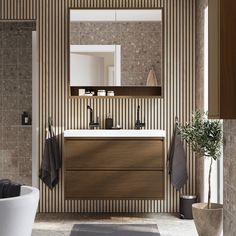 a bathroom with a sink, mirror and bathtub next to a plant in a vase