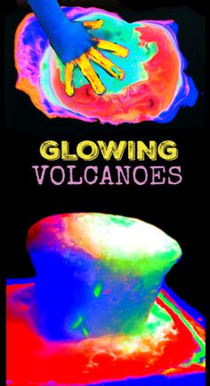 a poster with the words glowing volcanoes and an image of a person's hand