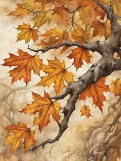 a painting of an autumn tree branch with yellow and orange leaves on it's branches