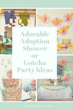 a collage of photos with the words adorable adoption shower or gosha party ideas