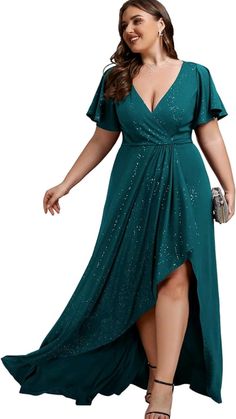 Floor-length, crafted from high stretch fabric, not padded, lined; Short ruffle sleeves, v neck,high low design, zipper up back, glitter fabric, plus size semi formal dresses, plus size glamorous cocktail dresses, plus size evening gowns, plus size wedding guest dresses, plus size curvy dresses, plus size party dresses. Exclusive Gowns, Knit Gown, Dress With Ruffle Sleeves, Bridesmaid Dresses With Sleeves, Formal Dresses With Sleeves, Plus Size Formal Dresses, Glitter Fabric, Prom Party Dresses, Evening Dresses Prom