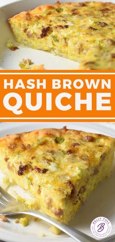 hash brown quiche on a white plate with a fork and orange banner in the background