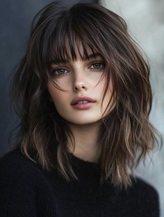 Medium Brown Shag Hair, Classic Shag Haircut, Effortless Shag Haircut, Modern Shag Haircuts Medium, Medium Lenght Shag, Shag Haircut 2024, Strong Jawline, Modern Shag Haircut, Choppy Bangs