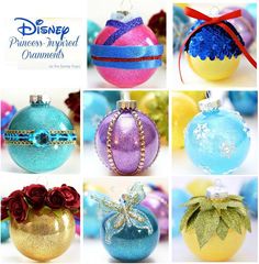 the disney princess inspired ornaments are all different colors and designs, but one is not