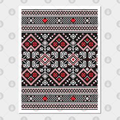 an old fashioned knitted pattern with red and white designs on black background stock photo