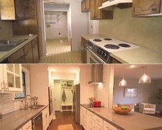 two pictures of the same kitchen and living room in an apartment, one is empty