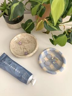 the contents of a personal care product on a table next to potted greenery