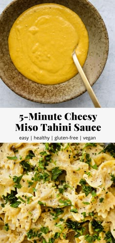 a bowl filled with pasta and sauce next to another bowl full of cheese salad on top