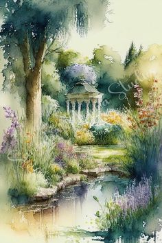 a watercolor painting of a gazebo in a garden with trees and flowers around it