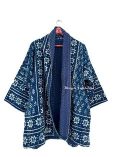 Cotton Kantha Indigo Print Handmade Jacket Overcoat For Women Quilt Kimono Blue Quilt Kimono, Kimono Jacket Pattern, Overcoat For Women, Handmade Jacket, Indigo Prints, Kantha Jacket, Textile Arts, Kimono Jacket, Jacket Pattern