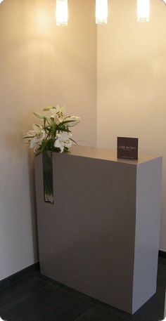 a vase with white flowers sitting on top of a counter in front of a wall