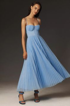 Hutch Amara Bustier Pleated Tulle Fit & Flare Midi Dress | Anthropologie Moh Dress, Amara Dress, Black Tie Optional, Pleated Tulle, Flare Midi Dress, Tulle Midi Dress, Blue Bridesmaid Dress, Bridesmaid Dress Ideas, Summer Wedding Guest