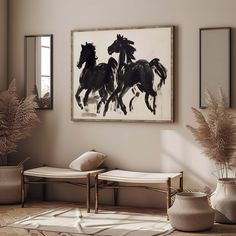 two horses running in the same direction on a wall with mirrors and vases next to it